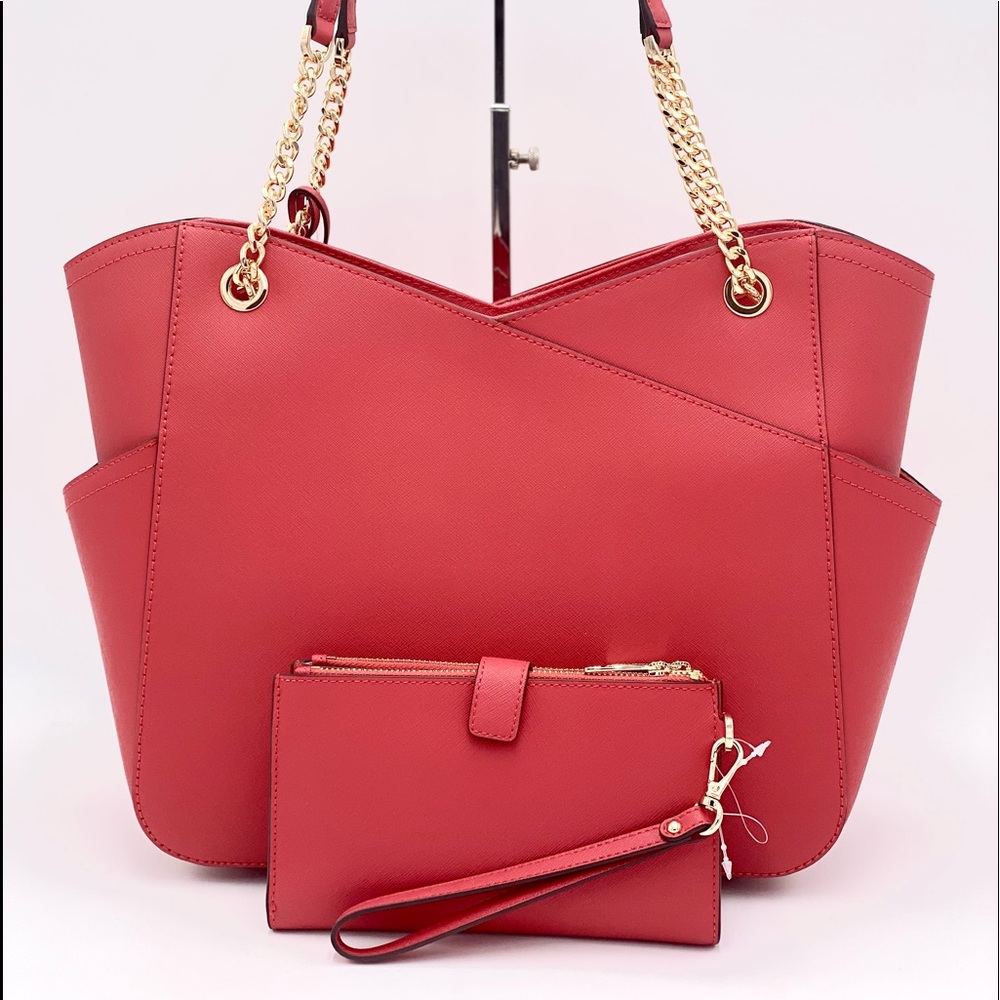 Michael Kors Large Chain Shoulder Bag and Wallet Set Red - Picture 7 of 10